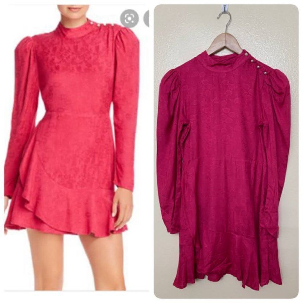 Rahi Sophie Ruffled Floral Jacquard Mini Shift Dress Small Fuschia Pink